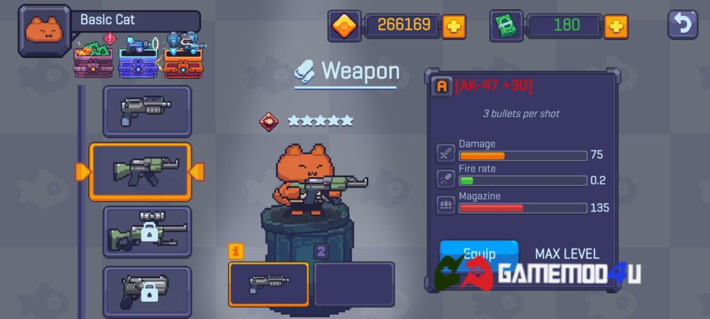 Nhiều vũ khí hấp dẫn trong Cat Gunner mod full tiền