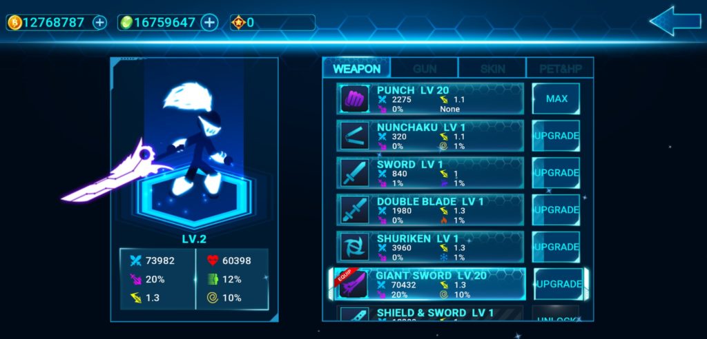 Vũ khí, nâng cấp sức mạnh trong bản hack Stickman Ghost 2 full tiền