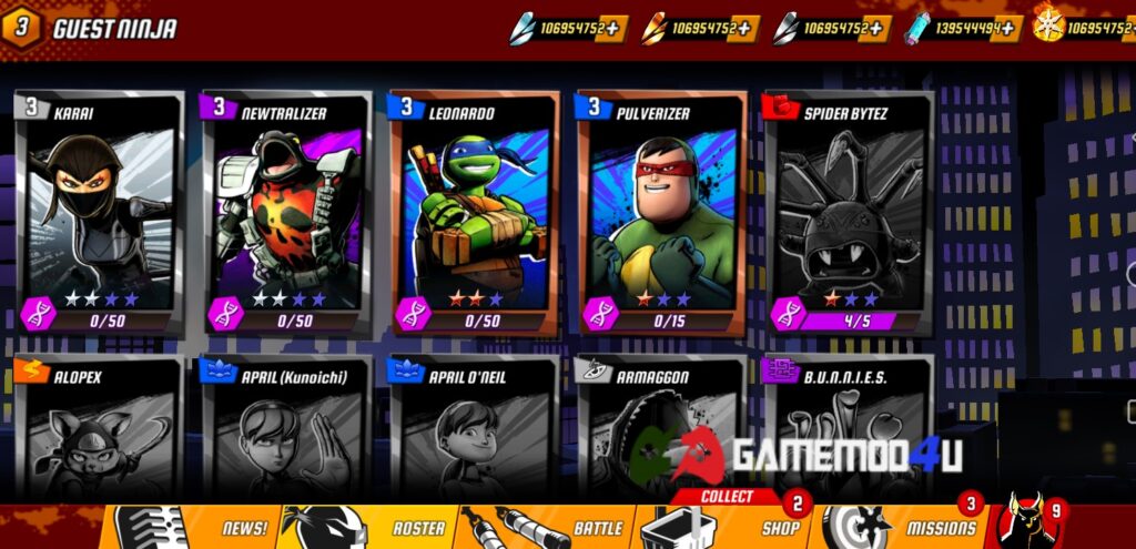 Nhiều nhân vật có trong game Ninja Turtles Legends mod full tiền