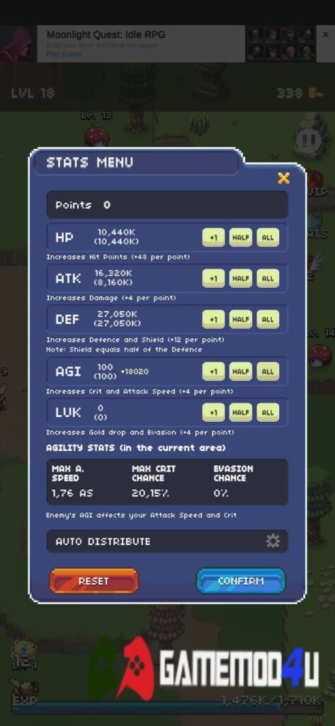 Nâng cấp chỉ số trong game Hero's Quest Mod